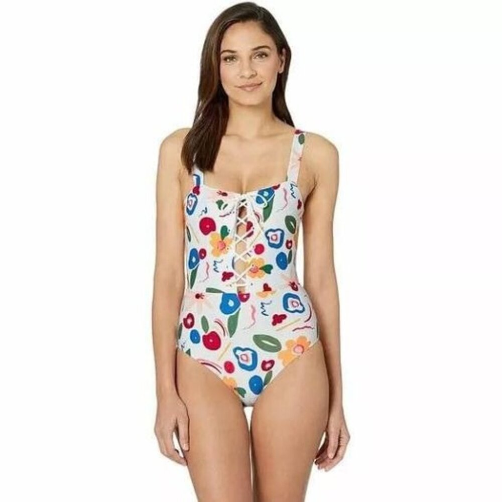 Onia Raquel Women’s Spring Bright Floral‎ Lace Up Retro One Piece Sz S